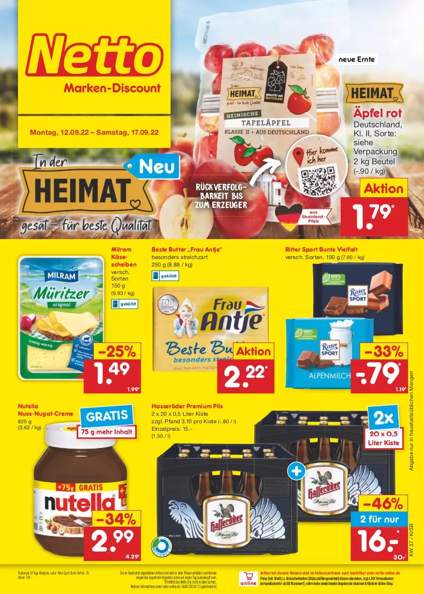 Aktueller Prospekt Netto Marken-Discount - Filial-Angebote - von 12.09 bis 17.09.2022 - strona 1 - produkty: angebot, beste butter, bestpreis, beutel, butter, creme, eis, frau antje, hasseröder, Käse, käsescheiben, LG, milram, ndk, nuss, nuss-nugat-creme, nutella, pils, premium pils, reis, ritter, ritter sport, Sport, Streichzart, Ti, versandkostenfrei, ZTE