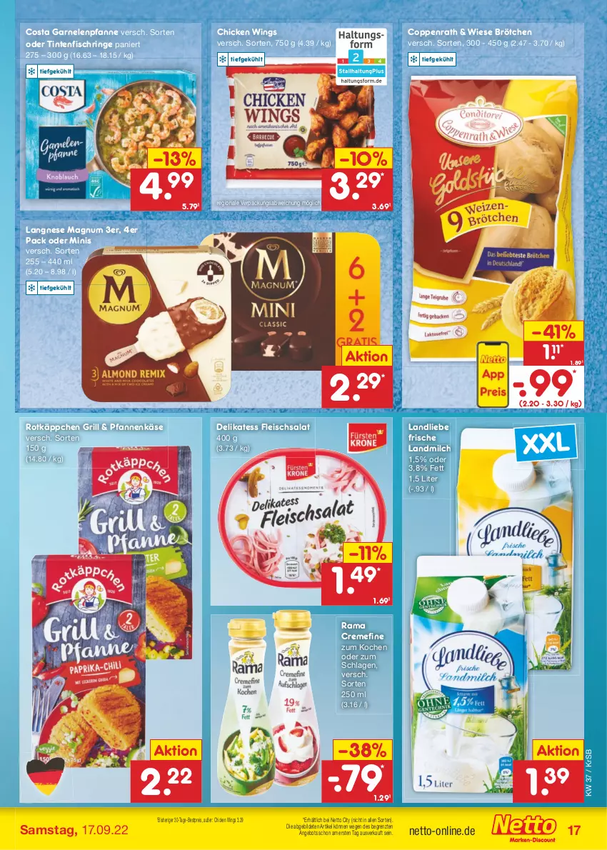 Aktueller Prospekt Netto Marken-Discount - Filial-Angebote - von 12.09 bis 17.09.2022 - strona 17 - produkty: angebot, bestpreis, brötchen, chicken wings, coppenrath, creme, eis, fisch, fleisch, fleischsalat, garnelen, grill, Käse, landliebe, landmilch, langnese, magnum, milch, pfanne, pfannen, pfannenkäse, rama, rama cremefine, reis, ring, rotkäppchen, salat, Ti, Tintenfischringe, ZTE