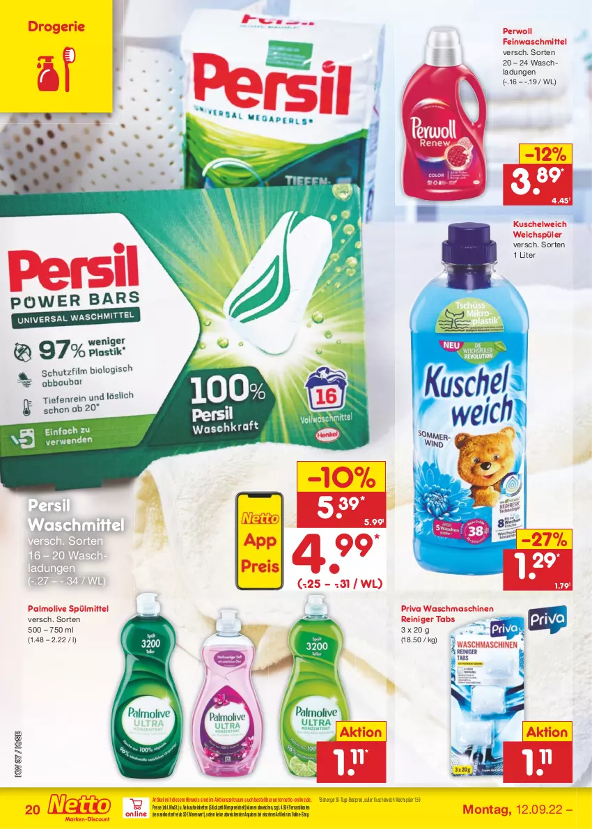 Aktueller Prospekt Netto Marken-Discount - Filial-Angebote - von 12.09 bis 17.09.2022 - strona 20 - produkty: bestpreis, eis, feinwaschmittel, Kuschelweich, ndk, olive, palmolive, persil, persil waschmittel, perwoll, reiniger, reis, spülmittel, Ti, versandkostenfrei, waschmaschine, waschmaschinen, waschmittel, weichspüler