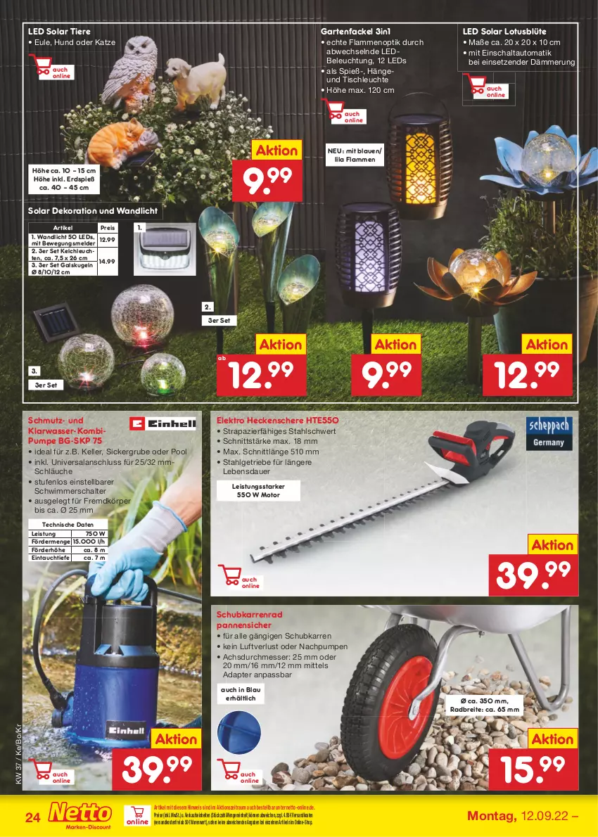 Aktueller Prospekt Netto Marken-Discount - Filial-Angebote - von 12.09 bis 17.09.2022 - strona 24 - produkty: adapter, auer, auto, beleuchtung, Blüte, Brei, dekoration, eis, Elektro, elle, Garten, Gartenfackel, heckenschere, HP, Kugel, lamm, leds, Leuchte, leuchten, LG, messer, ndk, pool, reis, Schal, Schere, schläuche, Ti, Tiere, tisch, tischleuchte, usb, versandkostenfrei, wasser