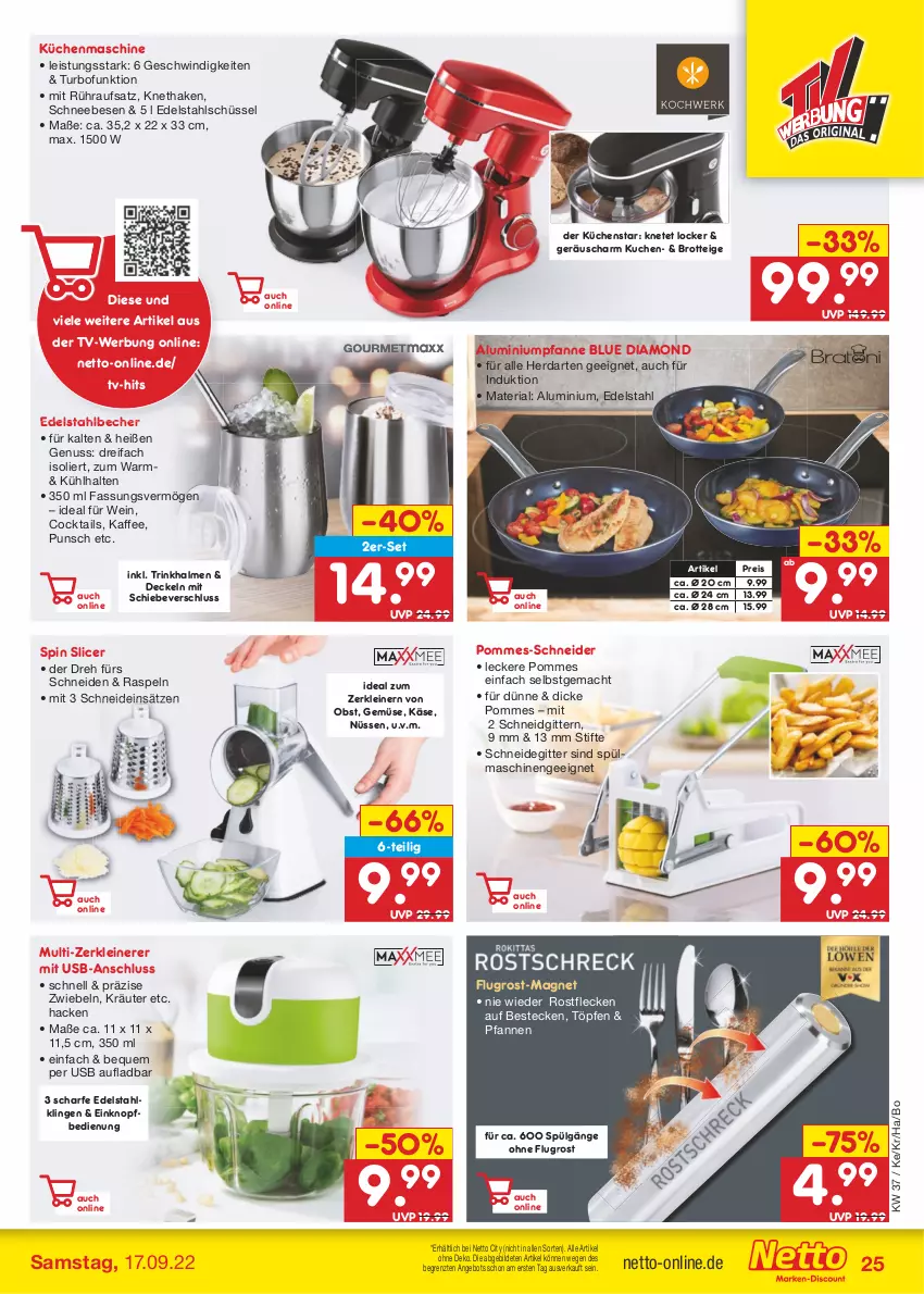 Aktueller Prospekt Netto Marken-Discount - Filial-Angebote - von 12.09 bis 17.09.2022 - strona 25 - produkty: angebot, Becher, besteck, bestecke, brot, cocktail, cocktails, decke, Deckel, edelstahl, eis, herdarten, kaffee, Käse, kräuter, küche, kuchen, Küchen, küchenmaschine, leine, LG, mac, nuss, obst, pfanne, pfannen, pommes, reis, Ria, Schneebesen, schüssel, spülmaschinen, stifte, Ti, Trinkhalme, usb, wein, Zerkleinerer, ZTE, zwiebel, zwiebeln