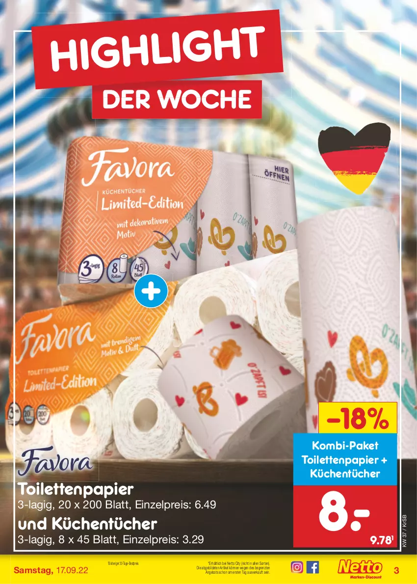 Aktueller Prospekt Netto Marken-Discount - Filial-Angebote - von 12.09 bis 17.09.2022 - strona 3 - produkty: angebot, bestpreis, eis, küche, Küchen, küchentücher, papier, reis, Ti, toilettenpapier, tücher, ZTE