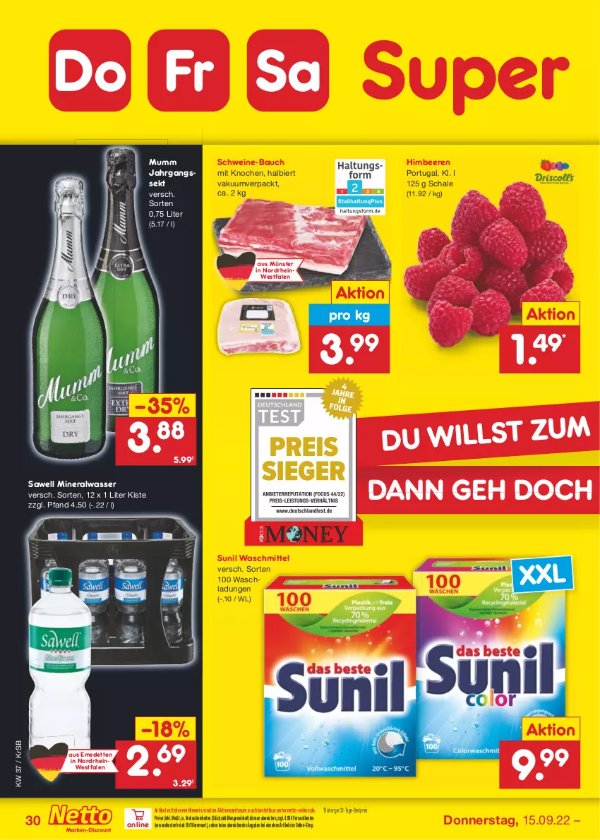 Aktueller Prospekt Netto Marken-Discount - Filial-Angebote - von 12.09 bis 17.09.2022 - strona 30 - produkty: Alwa, Bau, beere, beeren, bestpreis, bier, eis, himbeer, himbeere, himbeeren, jahrgangssekt, mineralwasser, mumm, ndk, reis, Schal, Schale, schwein, schweine, schweine-bauch, sekt, sunil, Ti, versandkostenfrei, waschmittel, wasser, wein, weine