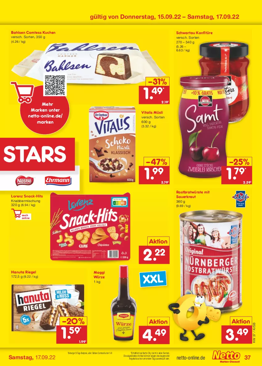 Aktueller Prospekt Netto Marken-Discount - Filial-Angebote - von 12.09 bis 17.09.2022 - strona 37 - produkty: angebot, auer, bahlsen, bestpreis, comtess, comtess kuchen, eis, hanuta, konfitüre, Kraut, kuchen, lorenz, maggi, maggi würze, müsli, reis, riegel, Sauerkraut, Schwartau, snack, Ti, vita, vitalis, vitalis müsli, ZTE