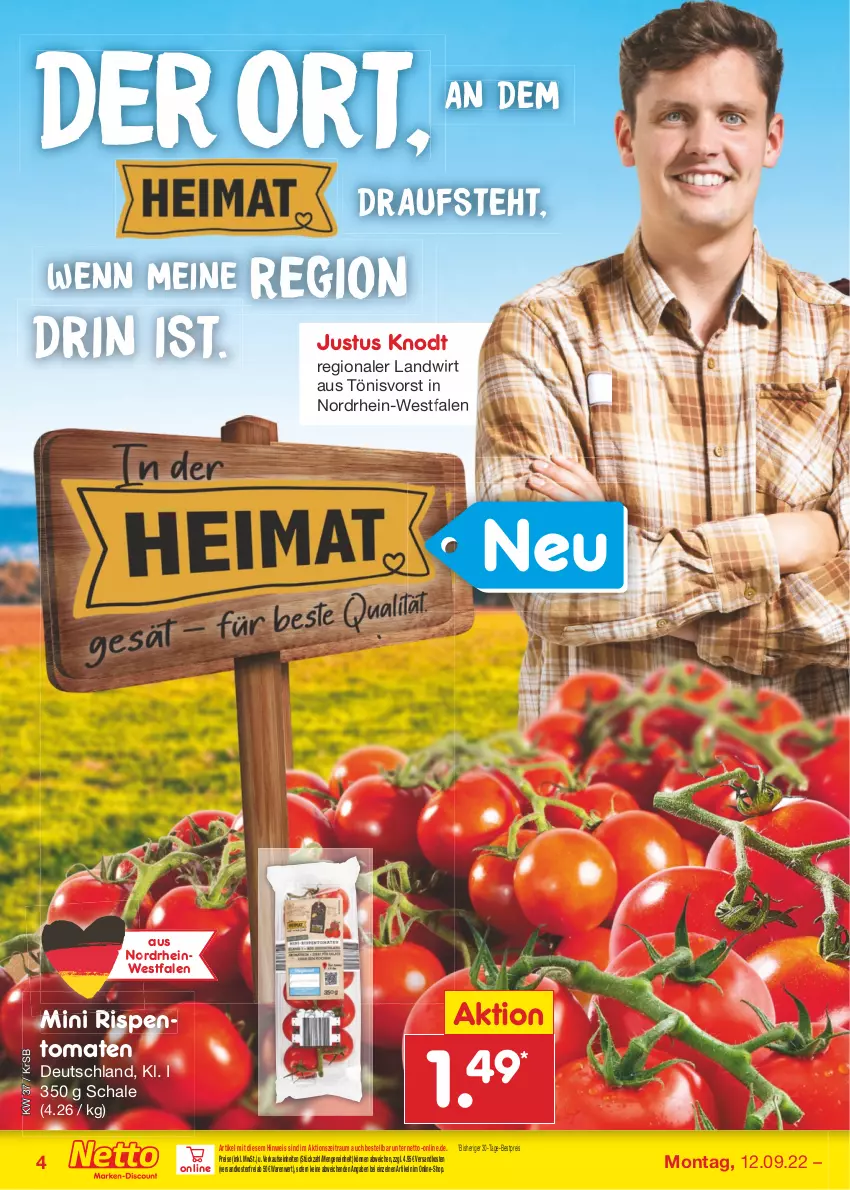 Aktueller Prospekt Netto Marken-Discount - Filial-Angebote - von 12.09 bis 17.09.2022 - strona 4 - produkty: bestpreis, eis, ndk, reis, rispentomaten, Schal, Schale, Ti, tomate, tomaten, versandkostenfrei