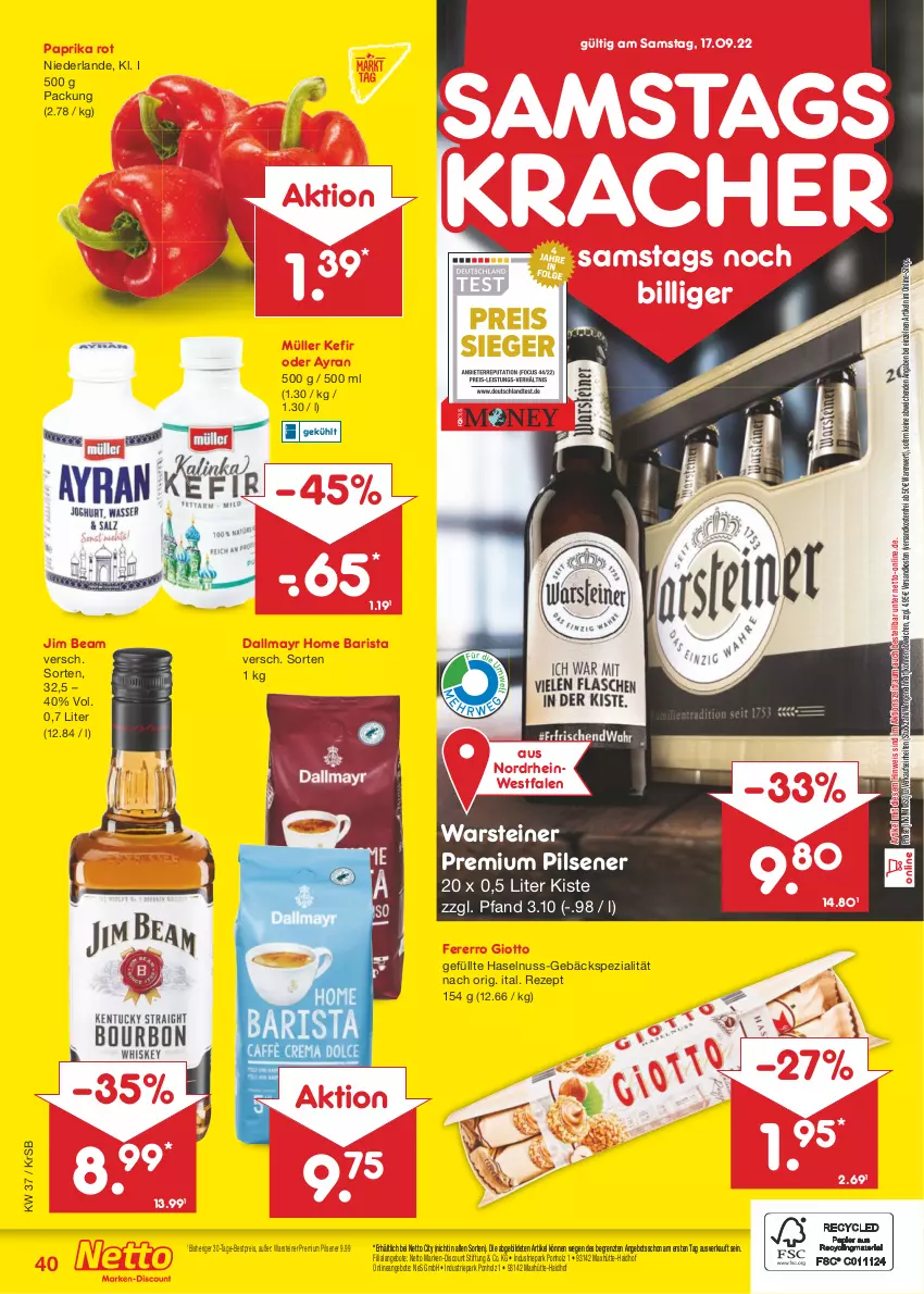 Aktueller Prospekt Netto Marken-Discount - Filial-Angebote - von 12.09 bis 17.09.2022 - strona 40 - produkty: angebot, angebote, Ayran, bestpreis, dallmayr, discount, eis, giotto, haselnuss, Holz, jim beam, Kefir, kracher, marken-discount, Müller, ndk, nuss, paprika, paprika rot, pils, pilsener, premium pils, reis, rezept, Spezi, steiner, Ti, versandkostenfrei, warsteiner, ZTE