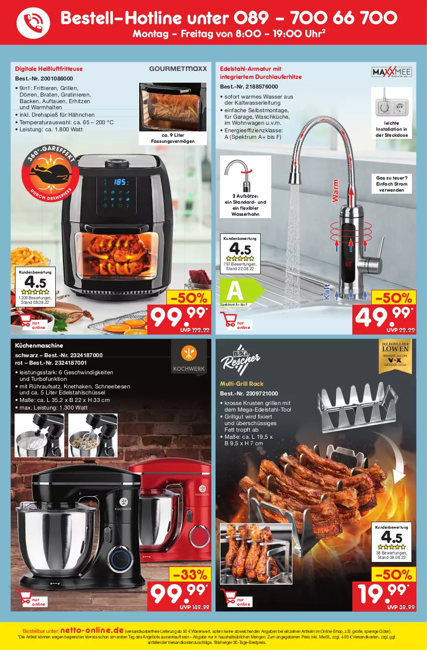 Aktueller Prospekt Netto Marken-Discount - Filial-Angebote - von 12.09 bis 17.09.2022 - strona 43 - produkty: angebot, armatur, bestpreis, braten, edelstahl, eis, fritteuse, grill, Heißluftfritteuse, küche, Küchen, küchenmaschine, LG, ndk, reis, rum, rwe, Schneebesen, schüssel, Spektrum, steckdose, Ti, Tiere, uhr, versandkostenfrei, wasser, ZTE