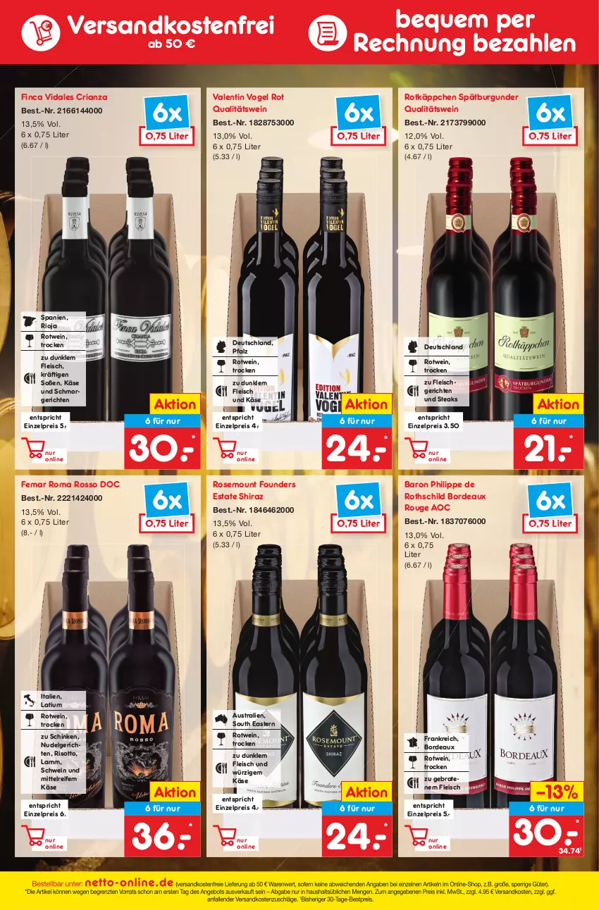 Aktueller Prospekt Netto Marken-Discount - Filial-Angebote - von 12.09 bis 17.09.2022 - strona 45 - produkty: angebot, aust, bestpreis, braten, burgunder, eis, fleisch, Käse, lamm, LG, ndk, nudel, Nudelgericht, qualitätswein, reis, Ria, rioja, risotto, rotkäppchen, rotwein, rouge, schinken, schwein, Soße, spätburgunder, steak, steaks, Ti, versandkostenfrei, wein, ZTE