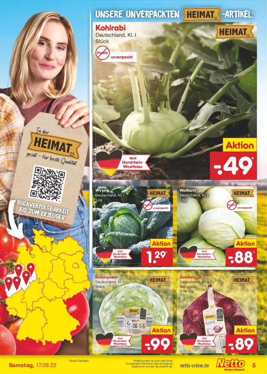 Aktueller Prospekt Netto Marken-Discount - Filial-Angebote - von 12.09 bis 17.09.2022 - strona 5 - produkty: angebot, asti, bestpreis, eis, eisbergsalat, kohlrabi, LG, reis, salat, Ti, Weißkohl, Wirsing, ZTE, zwiebel, zwiebeln