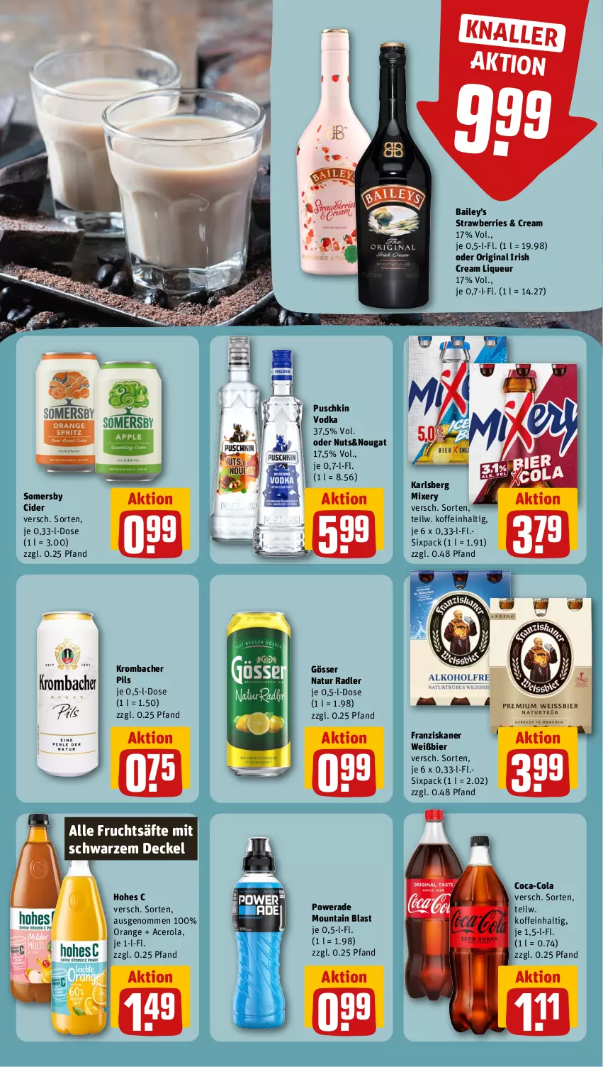 Aktueller Prospekt Rewe - Prospekte - von 15.07 bis 20.07.2024 - strona 10 - produkty: acer, bier, cider, coca-cola, cola, decke, Deckel, franziskaner, frucht, fruchtsäfte, gin, gösser, Hohes C, irish cream, karlsberg, karlsberg mixery, krombache, krombacher, krombacher pils, liqueur, Mixer, mixery, natur, natur radler, orange, pils, puschkin vodka, radler, säfte, somersby, Ti, vodka