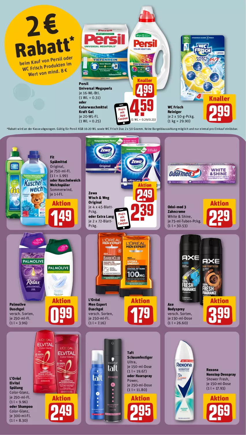 Aktueller Prospekt Rewe - Prospekte - von 15.07 bis 20.07.2024 - strona 12 - produkty: axe, body, bodyspray, colorwaschmittel, coupon, creme, deo, deospray, duschgel, eis, elvital, gin, haarspray, kraft, Kuschelweich, megaperls, Odol, Odol-med 3, olive, palmolive, persil, reiniger, reis, rexona, schaumfestiger, shampoo, spülmittel, spülung, Taft, Ti, universal megaperls, vita, waschmittel, wc frisch, weichspüler, zahncreme, zewa