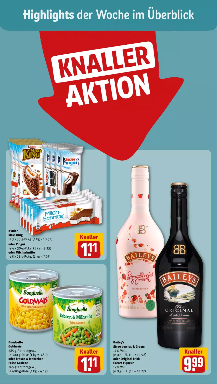 Aktueller Prospekt Rewe - Prospekte - von 15.07 bis 20.07.2024 - strona 2 - produkty: bonduelle, bonduelle goldmais, elle, erbsen, gin, Goldmais, irish cream, Kinder, Kinder Maxi, kinder maxi king, liqueur, mais, milch, Milchschnitte, pingui