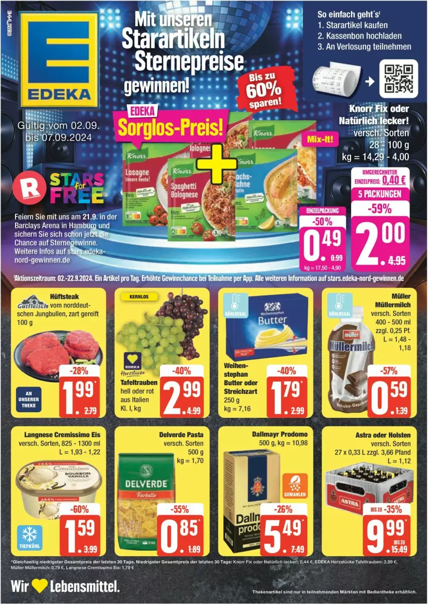 Aktueller Prospekt Edeka - Prospekte - von 02.09 bis 07.09.2024 - strona 1 - produkty: deka, eier, eis, knorr, knorr fix, lays, lebensmittel, reis, spaghetti, tafeltrauben, Ti, trauben, ZTE