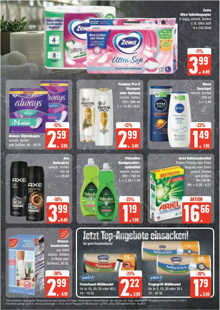 Aktueller Prospekt Edeka - Prospekte - von 02.09 bis 07.09.2024 - strona 20 - produkty: aeg, ariel, axe, beutel, body, bodyspray, duschgel, eis, geschirr, geschirrspülmittel, handschuhe, LG, müllbeutel, nivea, olive, palmolive, Pods, reis, schuhe, spülmittel, swirl, tee, Ti, tragegriff, vollwaschmittel, waschmittel, ZTE