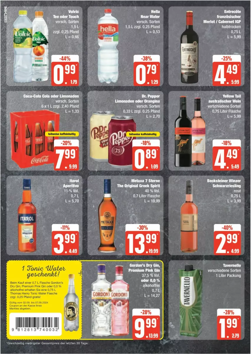 Aktueller Prospekt Edeka - Prospekte - von 02.09 bis 07.09.2024 - strona 22 - produkty: alkohol, coupon, dry gin, flasche, gin, gordon, Gordon’s, riesling, schwarzriesling, thomas henry, Ti, tonic, tonic water