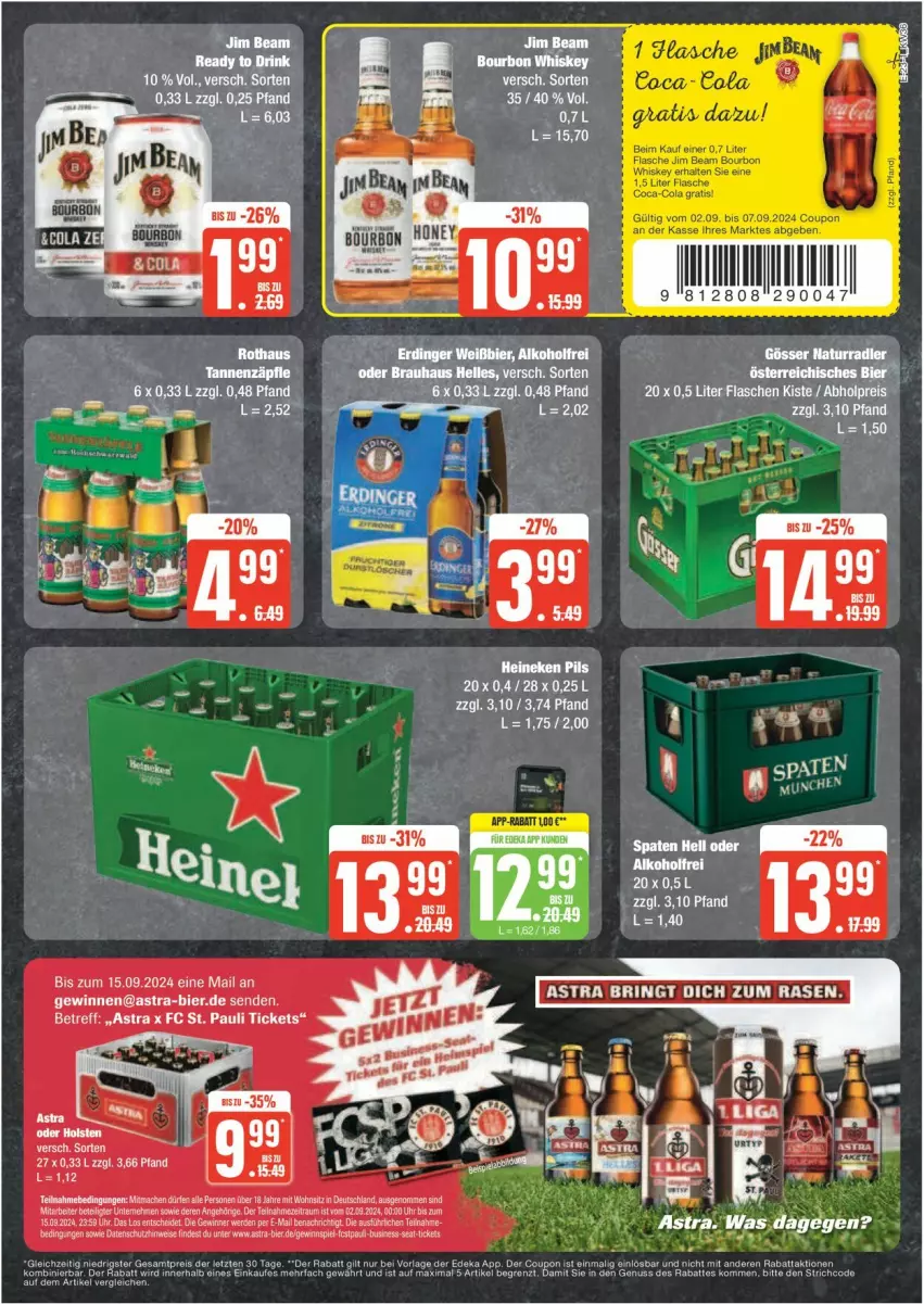 Aktueller Prospekt Edeka - Prospekte - von 02.09 bis 07.09.2024 - strona 23 - produkty: Astra, bier, bourbon, bourbon whiskey, coca-cola, cola, coupon, deka, drink, eier, eis, erde, flasche, heineken, jim beam, nuss, pils, reis, tee, Ti, uhr, whiskey, ZTE