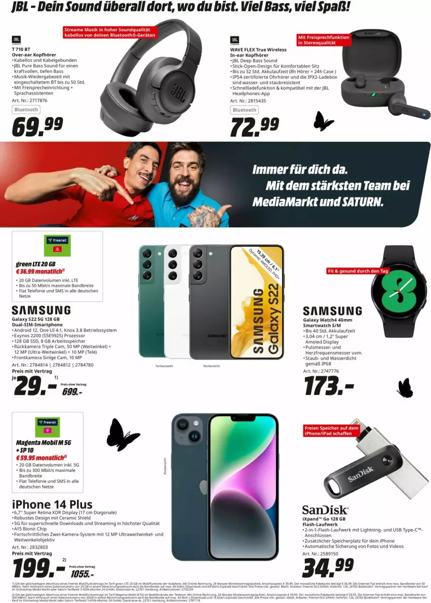 Aktueller Prospekt Media Markt - Prospekte - von 24.04 bis 29.04.2023 - strona 4 - produkty: akku, Betriebssystem, bio, Brei, dual-sim, dual-sim-smartphone, eis, elle, ente, freisprecheinrichtung, frontkamera, In-Ear Kopfhörer, iphone, IPhone SE, jbl, kamera, kopfhörer, kraft, LG, mediamarkt, messer, ps4, reis, rel, Samsung, samsung galaxy, samsung galaxy watch, Schal, schnellladefunktion, sim, smartphone, smartwatch, ssd, telefon, Ti, usb, wasser