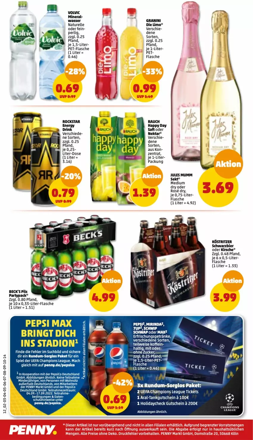 Aktueller Prospekt Penny - Prospekte - von 05.09 bis 10.09.2022 - strona 12 - produkty: 7UP, beck's, bier, champion, drink, eis, Elan, elle, erfrischungsgetränk, erfrischungsgetränke, flasche, getränk, getränke, granini, granini die limo, gutschein, holidaycheck, jules mumm, kirsch, kirsche, köstritzer, limo, Mirinda, mumm, natur, Nektar, pepsi, pet-flasche, pils, Rauch, rel, rind, ring, saft, sekt, tee, Ti, wasser, zucker