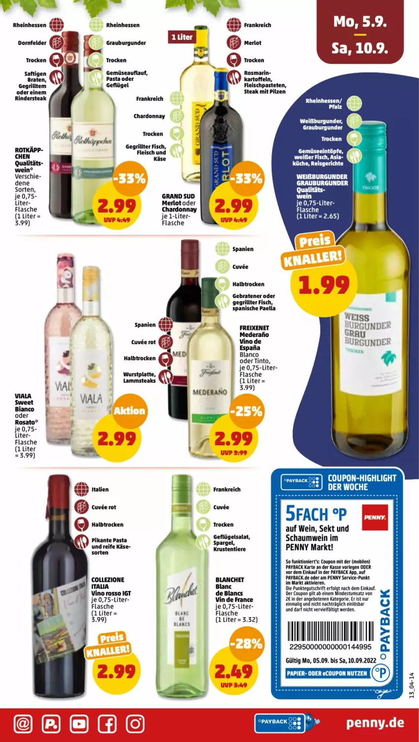 Aktueller Prospekt Penny - Prospekte - von 05.09 bis 10.09.2022 - strona 13 - produkty: angebot, angebote, braten, burgunder, chardonnay, coupon, de blancs, dornfelder, eintöpfe, eis, erde, fisch, flasche, fleisch, freixenet, Geflügel, grand sud, grauburgunder, grill, HP, kartoffel, kartoffeln, Käse, küche, lamm, latte, LG, merl, merlot, paella, papier, pasta, pastete, payback, pilze, reis, rind, rinder, Rindersteak, rosato, rosmarin, saft, sekt, steak, steaks, Ti, Tiere, und gemüse, vin de france, wein, Weißburgunder, wurst