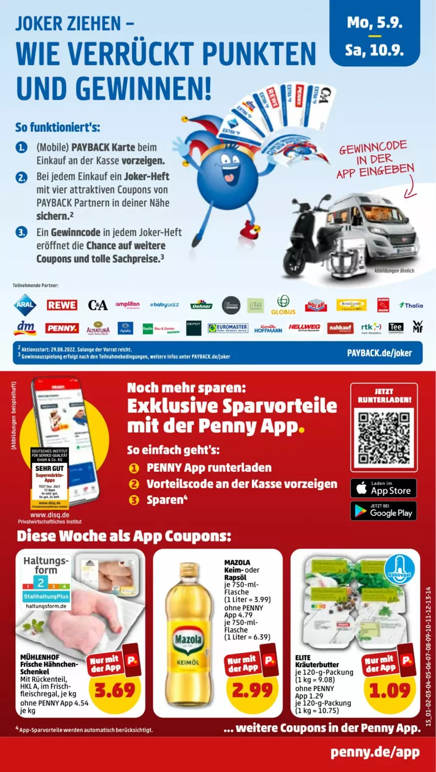 Aktueller Prospekt Penny - Prospekte - von 05.09 bis 10.09.2022 - strona 15 - produkty: auto, butter, coupon, coupons, eis, ente, erde, flasche, fleisch, Frische Hähnchen, google play, henkel, HP, kräuter, kräuterbutter, LG, mazola, payback, rapsöl, regal, reis, sac, schenkel, Ti, tisch