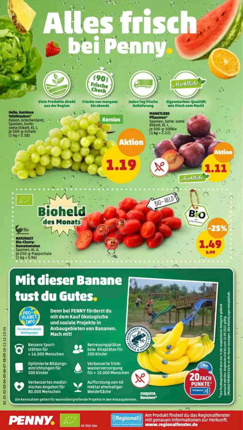 Aktueller Prospekt Penny - Prospekte - von 05.09 bis 10.09.2022 - strona 2 - produkty: angebot, angebote, banane, bananen, Bau, bio, eis, erde, Kinder, mac, natur, payback, pflaume, pflaumen, Romatomaten, Schal, Schale, Sport, tee, Ti, tomate, tomaten, wasser