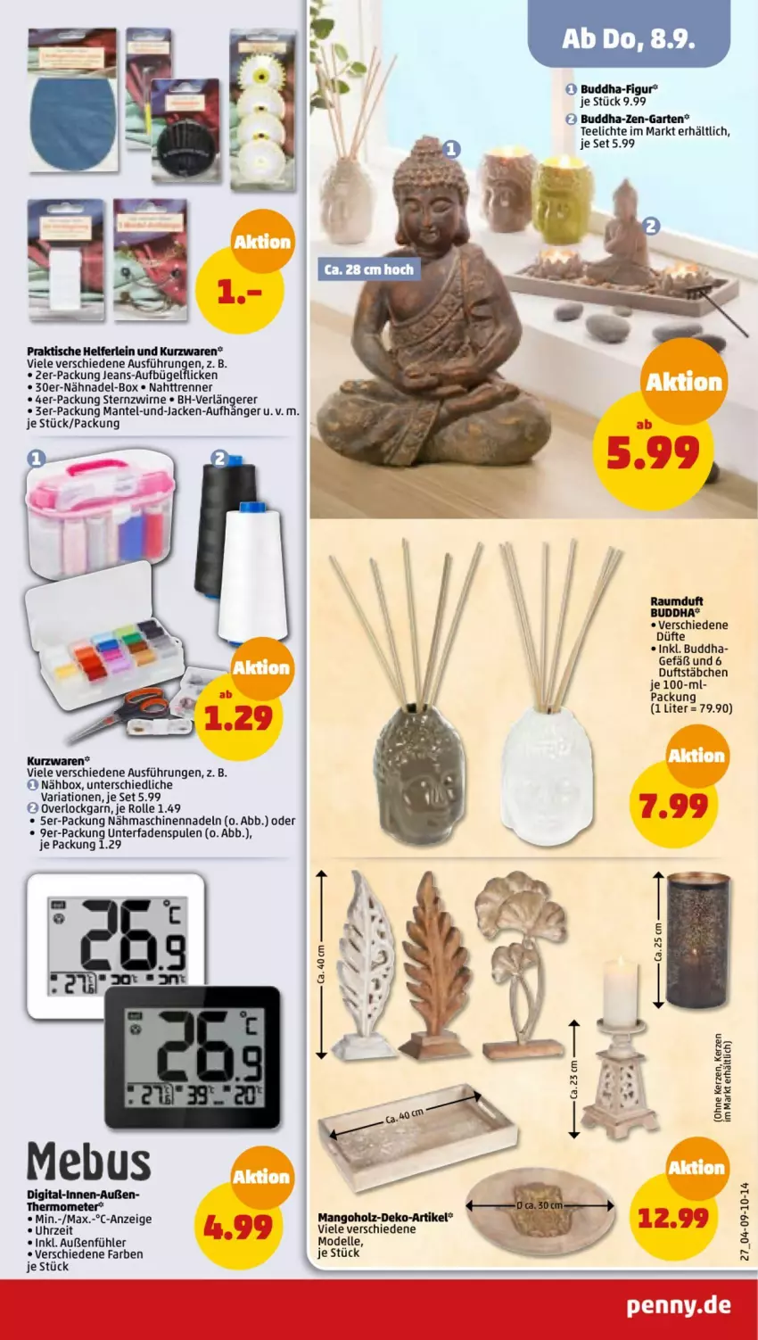 Aktueller Prospekt Penny - Prospekte - von 05.09 bis 10.09.2022 - strona 27 - produkty: Buddha, bügel, dell, elle, Garten, Holz, Jacke, jeans, mango, Mantel, Mode, Nähmaschine, Raumduft, Ria, tee, Teelicht, teelichte, thermometer, Ti, tisch, uhr