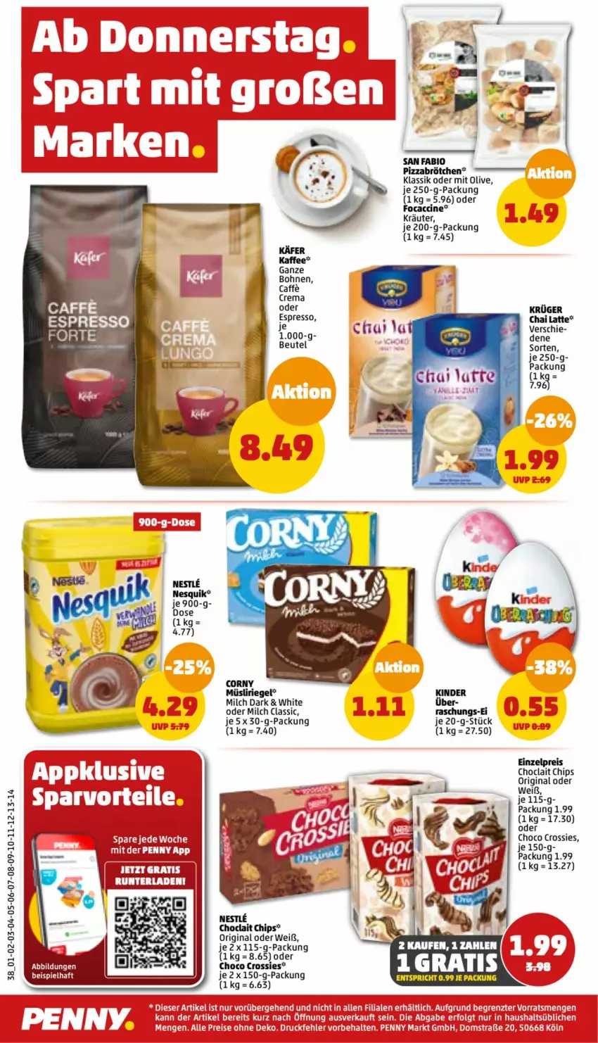 Aktueller Prospekt Penny - Prospekte - von 05.09 bis 10.09.2022 - strona 38 - produkty: ACC, beutel, bio, bohne, bohnen, brötchen, caffe, chips, choclait chips, choco crossies, cin, corny, crossies, eis, espresso, gin, käfer, kaffee, Kinder, kräuter, krüger, latte, LG, milch, müsli, Müsliriegel, oder espresso, olive, pizza, riegel, Ti