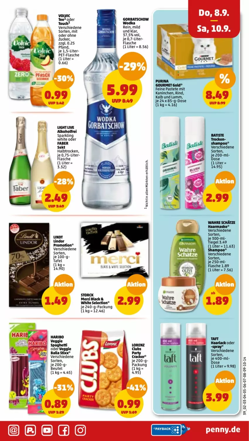 Aktueller Prospekt Penny - Prospekte - von 05.09 bis 10.09.2022 - strona 39 - produkty: alkohol, cracker, flasche, Gorbatschow, gourmet gold, haribo, lack, lorenz, merci, pastete, pet-flasche, purina, rind, sekt, shampoo, storck, Taft, tee, Ti, volvic, Wahre Schätze, wodka, zucker