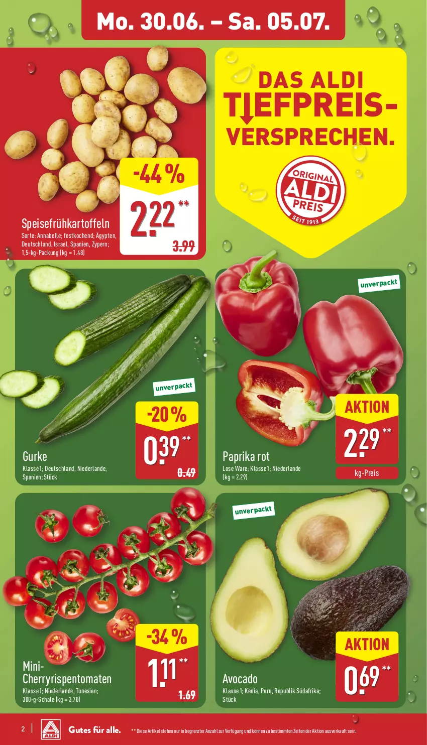 Aktueller Prospekt Aldi Nord - Von Montag - von 30.06 bis 05.07.2025 - strona 2 - produkty: aldi, avocado, eis, elle, Frühkartoffeln, gurke, kartoffel, kartoffeln, paprika, paprika rot, reis, rispentomaten, Schal, Schale, speisefrühkartoffeln, Ti, tomate, tomaten, ZTE