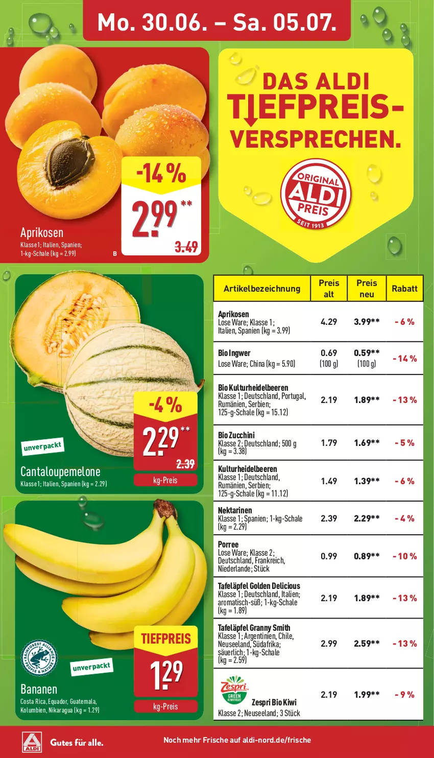 Aktueller Prospekt Aldi Nord - Von Montag - von 30.06 bis 05.07.2025 - strona 4 - produkty: aldi, aprikose, aprikosen, banane, bananen, beere, beeren, bio, eis, Elan, heidelbeere, heidelbeeren, ingwer, kiwi, melone, Nektar, nektarinen, quad, reis, rum, Schal, Schale, tafeläpfel, Ti, tiefpreis, tisch, zespri, zucchini