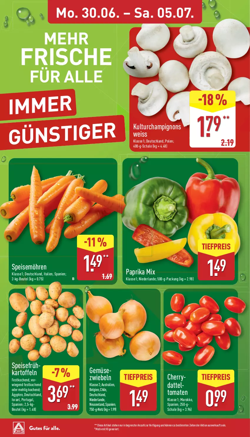 Aktueller Prospekt Aldi Nord - Von Montag - von 30.06 bis 05.07.2025 - strona 6 - produkty: aust, beutel, champignon, champignons, datteltomaten, eis, Elan, Frühkartoffeln, Gemüsezwiebel, kartoffel, kartoffeln, LG, mehl, möhren, paprika, paprika mix, reis, Schal, Schale, speisefrühkartoffeln, speisemöhren, Ti, tiefpreis, tomate, tomaten, ZTE, zwiebel, zwiebeln