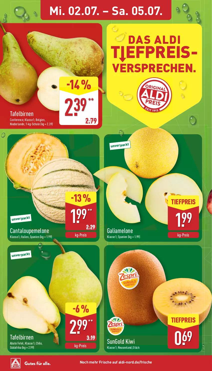 Aktueller Prospekt Aldi Nord - Von Montag - von 30.06 bis 05.07.2025 - strona 7 - produkty: aldi, Birnen, eis, Elan, galiamelone, kiwi, LG, melone, reis, Schal, Schale, tafelbirnen, Ti, tiefpreis