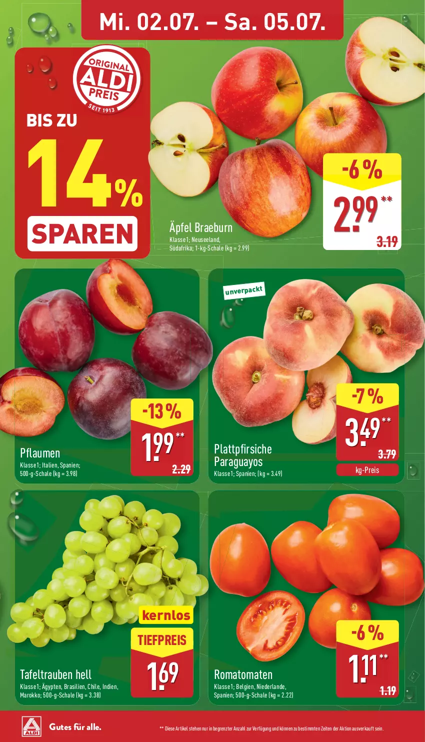 Aktueller Prospekt Aldi Nord - Von Montag - von 30.06 bis 05.07.2025 - strona 8 - produkty: eis, Elan, LG, paraguayos, pfirsich, pfirsiche, pflaume, pflaumen, plattpfirsiche, reis, Romatomaten, Schal, Schale, tafeltrauben, Ti, tiefpreis, tomate, tomaten, trauben, Yo, ZTE