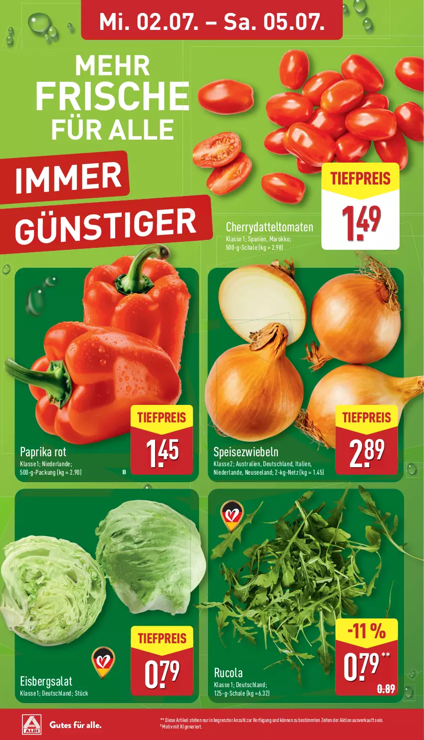 Aktueller Prospekt Aldi Nord - Von Montag - von 30.06 bis 05.07.2025 - strona 9 - produkty: aust, cola, datteltomaten, eis, eisbergsalat, Elan, paprika, paprika rot, reis, rucola, salat, Schal, Schale, Speisezwiebeln, Ti, tiefpreis, tomate, tomaten, ZTE, zwiebel, zwiebeln