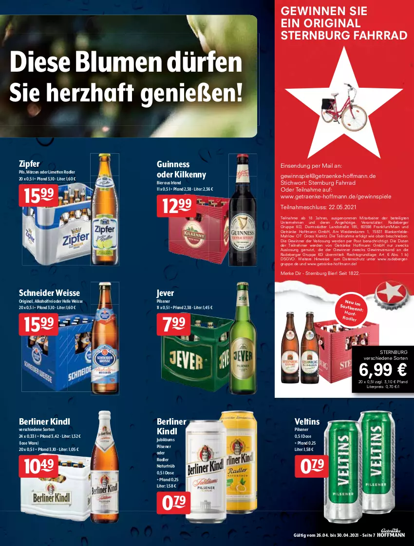 Aktueller Prospekt Getraenke Hoffmann - Prospekte - von 26.04 bis 30.04.2021 - strona 7 - produkty: alkohol, axe, Berger, berliner, berliner kindl, bier, blume, blumen, burger, carlsberg, eis, elle, erde, Fahrrad, flensburger, franziskaner, getränk, getränke, gewinnspiel, gin, Guinness, jever, jever pilsener, Jubiläums, kellerbier, Kilkenny, LG, limette, limetten, Mett, metten, natur, oder radler, pils, pilsener, radeberger, radler, reis, Spiele, Sternburg, Ti, veltins, veltins pilsener, weck, WICK, Zipfer