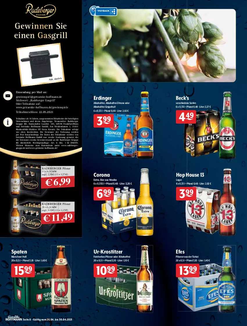 Aktueller Prospekt Getraenke Hoffmann - Prospekte - von 26.04 bis 30.04.2021 - strona 8 - produkty: alkohol, amaro, Amaro del Capo, angebot, angebote, Berger, bier, Cap, captain morgan, corona, eis, erde, erdinger, gasgrill, getränk, getränke, gewinnspiel, gin, grapefruit, grill, johnnie walker, kleiner klopfer, kräuter, kräuterlikör, leine, LG, likör, lillet, mam, original spiced gold, osborne, pils, pilsener, pilsner, radeberger, radeberger pilsner, Spaten, Spiele, Ti, veterano, vodka, weck, zitrone