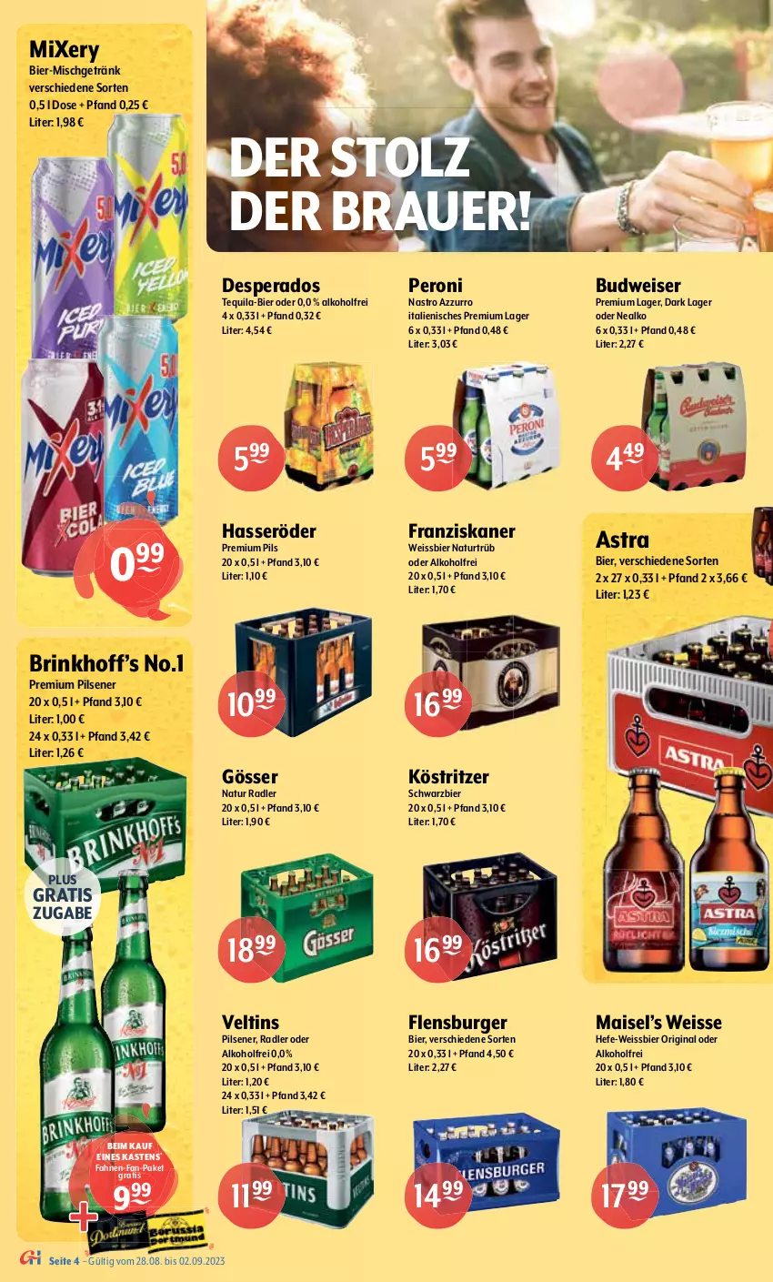 Aktueller Prospekt Getraenke Hoffmann - Prospekte - von 28.08 bis 02.09.2023 - strona 4 - produkty: alkohol, Astra, auer, Berger, bier, bitburger, budweiser, burger, carlsberg, corona, corona extra, desperados, eis, flensburger, franziskaner, Germ, getränk, gin, gösser, hasseröder, Hefe, hefeweizen, heineken, jever, köstritzer, mais, Mixer, mixery, natur, natur radler, oettinger, Peroni, pils, pilsener, pilsner, premium pils, radeberger, radler, schöfferhofer, tequila, Ti, tyskie, veltins, veltins pilsener, weissbier