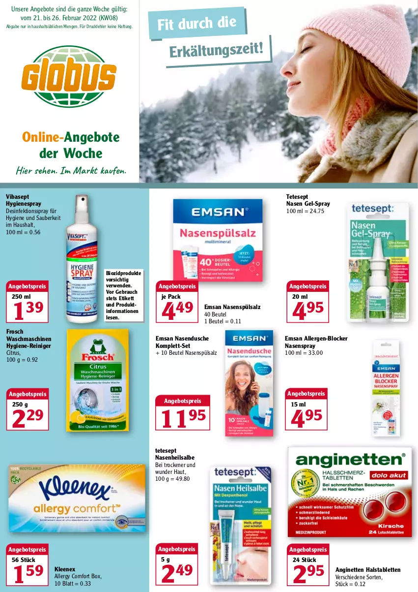 Aktueller Prospekt Globus - Prospekte - von 21.02 bis 26.02.2022 - strona 1 - produkty: angebot, angebote, angebotspreis, beutel, bio, biozidprodukte, citrus, Desinfektion, dusche, eis, emsa, Erkältungs, Frosch, gin, hygiene-reiniger, Nasendusche, Nasenspray, Rauch, reiniger, reis, rwe, salz, tablet, tablett, Tablette, Ti, waschmaschine, waschmaschinen