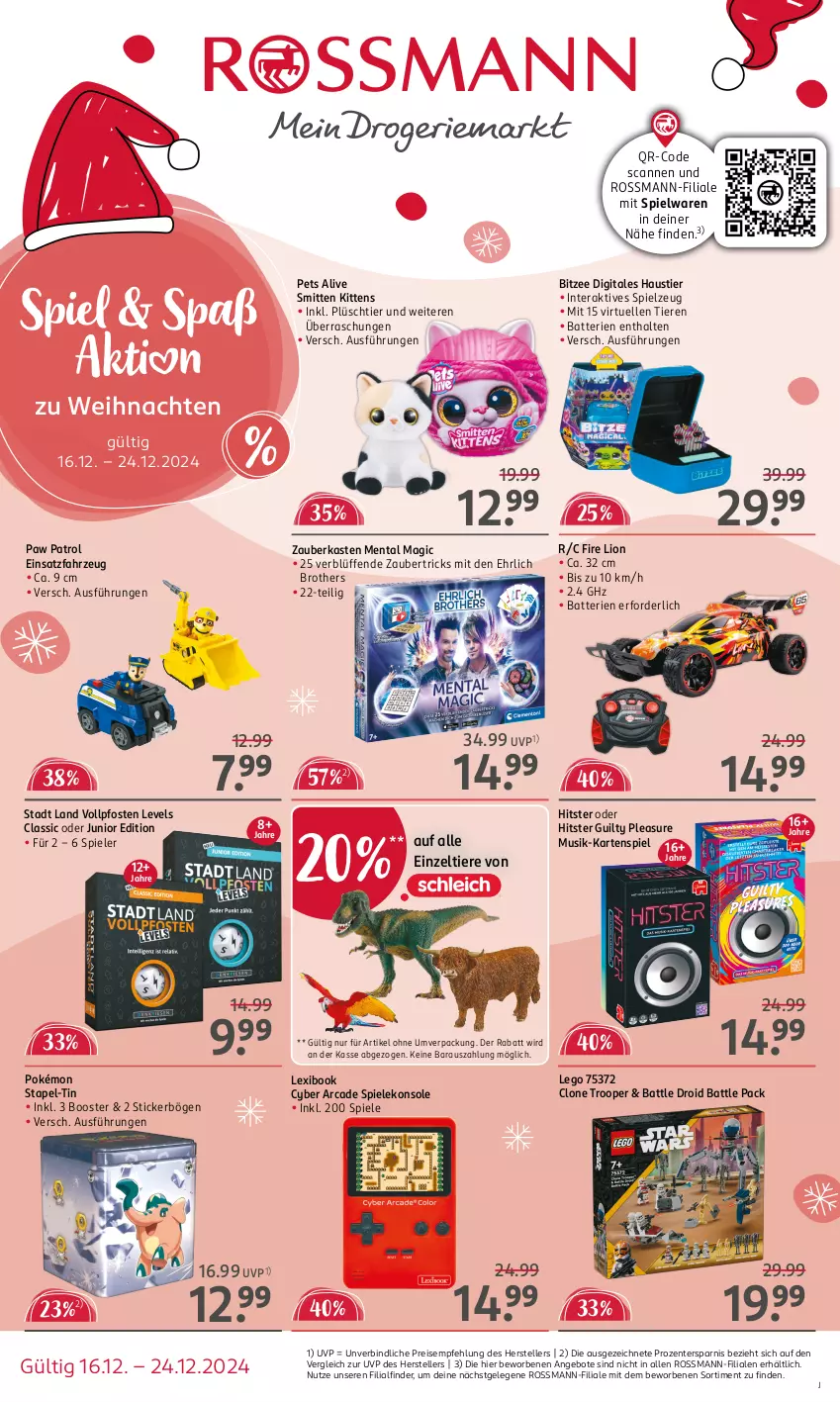 Aktueller Prospekt Rossmann - Prospekte - von 16.12 bis 20.12.2024 - strona 1 - produkty: angebot, angebote, aust, batterie, batterien, brot, brother, eis, elle, ente, Kartenspiel, lion, Paw Patrol, Plüsch, reis, Spiele, spielwaren, spielzeug, Stier, teller, Ti, Tiere, weihnachten, Zelt