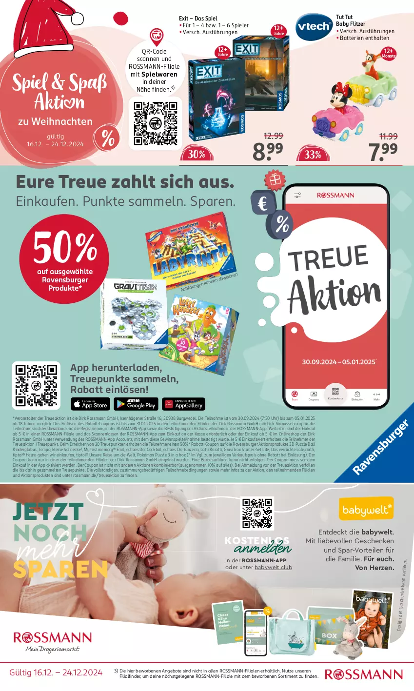 Aktueller Prospekt Rossmann - Prospekte - von 16.12 bis 20.12.2024 - strona 12 - produkty: ACC, angebot, angebote, ball, batterie, batterien, burger, cocktail, coupon, coupons, eis, erde, gewinnspiel, Heu, Kinder, leine, LG, Puzzle, rabatt-coupon, ravensburger, reis, rwe, Spiele, spielwaren, Tempo, Ti, Tiptoi, uhr, wedel, weihnachten