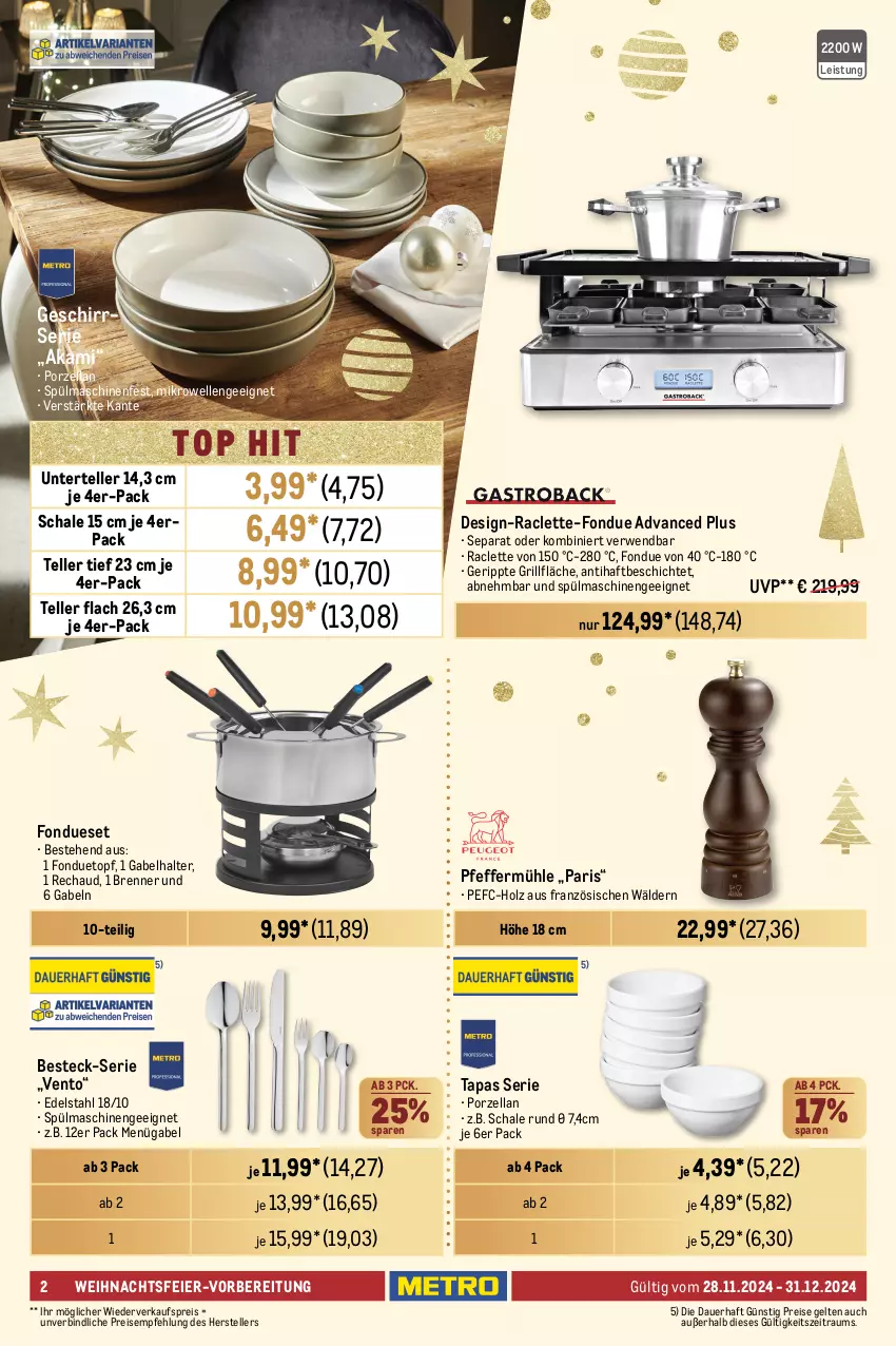 Aktueller Prospekt Metro - Weihnachtsfeier & Präsente - von 28.11 bis 31.12.2024 - strona 2 - produkty: abzugshaube, auer, besteck, dunstabzug, dunstabzugshaube, edelstahl, eier, eis, elle, Fondue, gabel, geschirr, Geschirrserie, grill, grillfläche, grillplatte, Holz, Käse, latte, messer, mikrowelle, pfeffer, Pfeffermühle, reis, rwe, Schal, Schale, spülmaschinen, Tapas, teller, Ti, topf