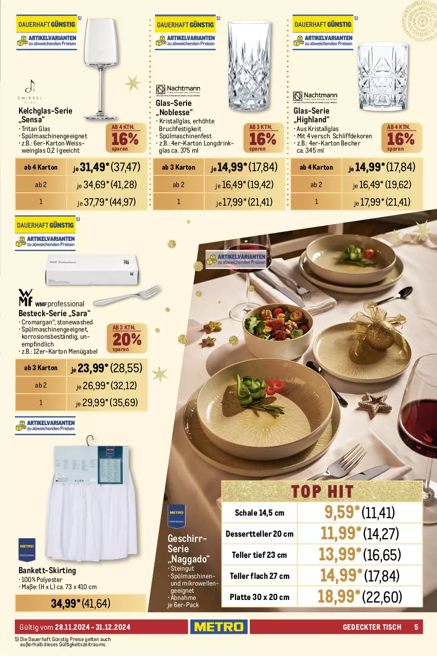 Aktueller Prospekt Metro - Weihnachtsfeier & Präsente - von 28.11 bis 31.12.2024 - strona 5 - produkty: auer, Bank, Bau, baumwolle, Becher, besteck, decke, dessert, Dessertteller, drink, edelstahl, eis, elle, gabel, geschirr, Geschirrserie, latte, LG, mikrowelle, pasta, reis, rotwein, Schal, Schale, schüssel, Serviette, servietten, spülmaschinen, teller, Ti, tisch, tischdecke, Tischwäsche, wein, wolle