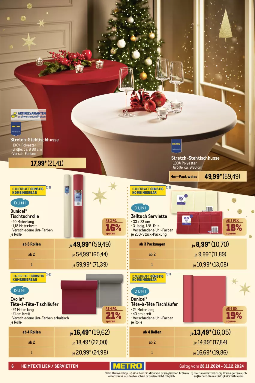 Aktueller Prospekt Metro - Weihnachtsfeier & Präsente - von 28.11 bis 31.12.2024 - strona 6 - produkty: auer, batterie, batterien, Brei, duni, eis, heimtextilien, kerze, Kerzenhalter, Läufer, reis, Serviette, servietten, Stabkerze, tee, Teelicht, teelichte, Ti, tisch, tischläufer, tuc