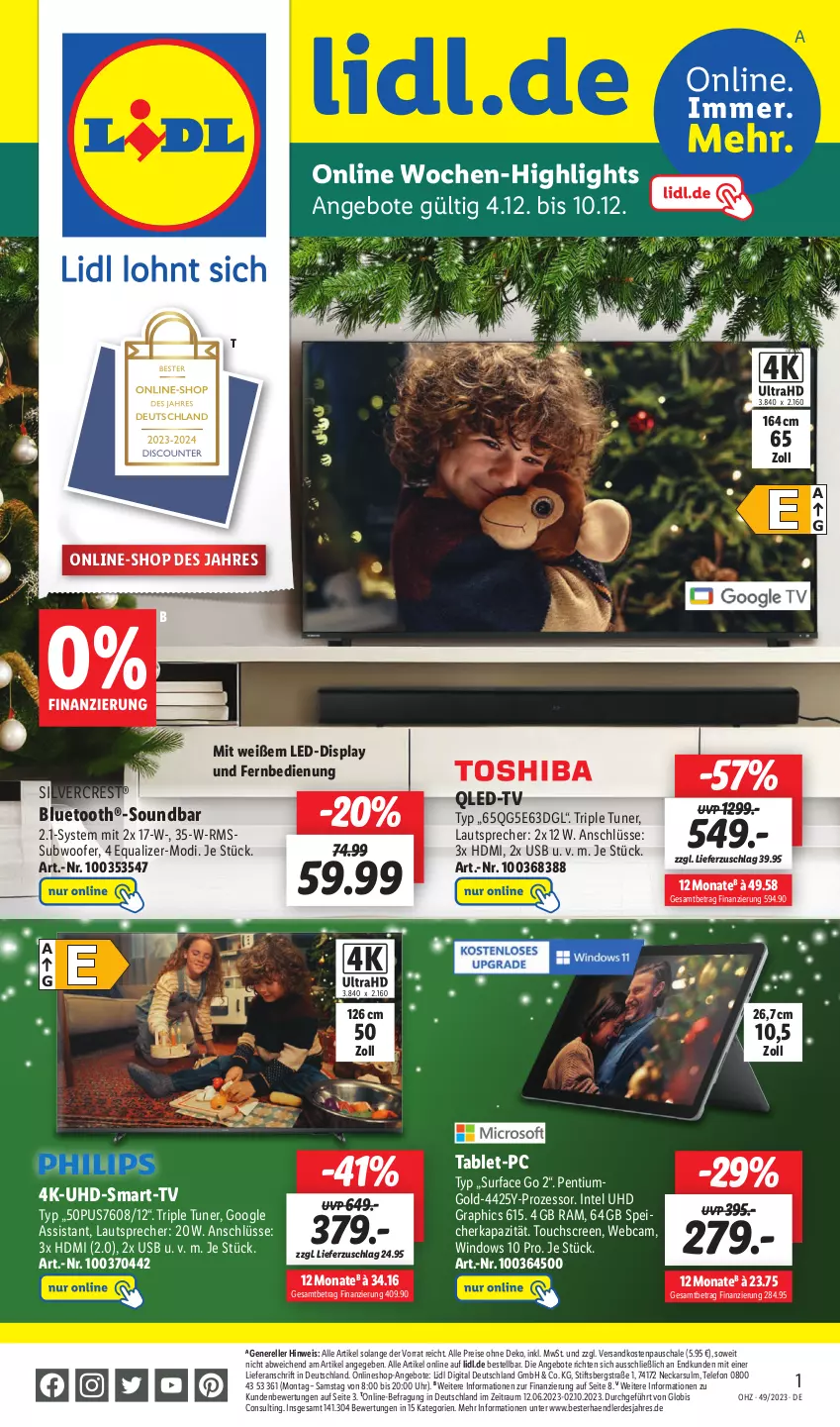 Aktueller Prospekt Lidl - Wochen-Highlights im Onlineshop - von 04.12 bis 10.12.2023 - strona 1 - produkty: angebot, angebote, eis, elle, erde, fernbedienung, HD Graphics, HDMI, Intel, lautsprecher, ndk, Pentium, qled, qled-tv, reis, rel, Schal, Schale, silvercrest, soundbar, Subwoofer, Surf, tablet, telefon, Ti, touchscreen, tuner, uhd, uhr, usb