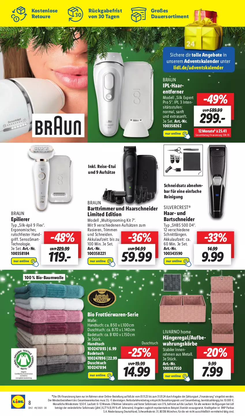 Aktueller Prospekt Lidl - Wochen-Highlights im Onlineshop - von 04.12 bis 10.12.2023 - strona 12 - produkty: Adventskalender, akku, angebot, angebote, auer, Bad, badetuch, bartschneider, Bau, baumwolle, bio, bio-baumwolle, braun, dell, duschtuch, eis, epilierer, erde, haarschneider, handtuch, Hängeregal, korb, Mode, Multigroom, regal, Reinigung, reis, silvercrest, Ti, tuc, wolle