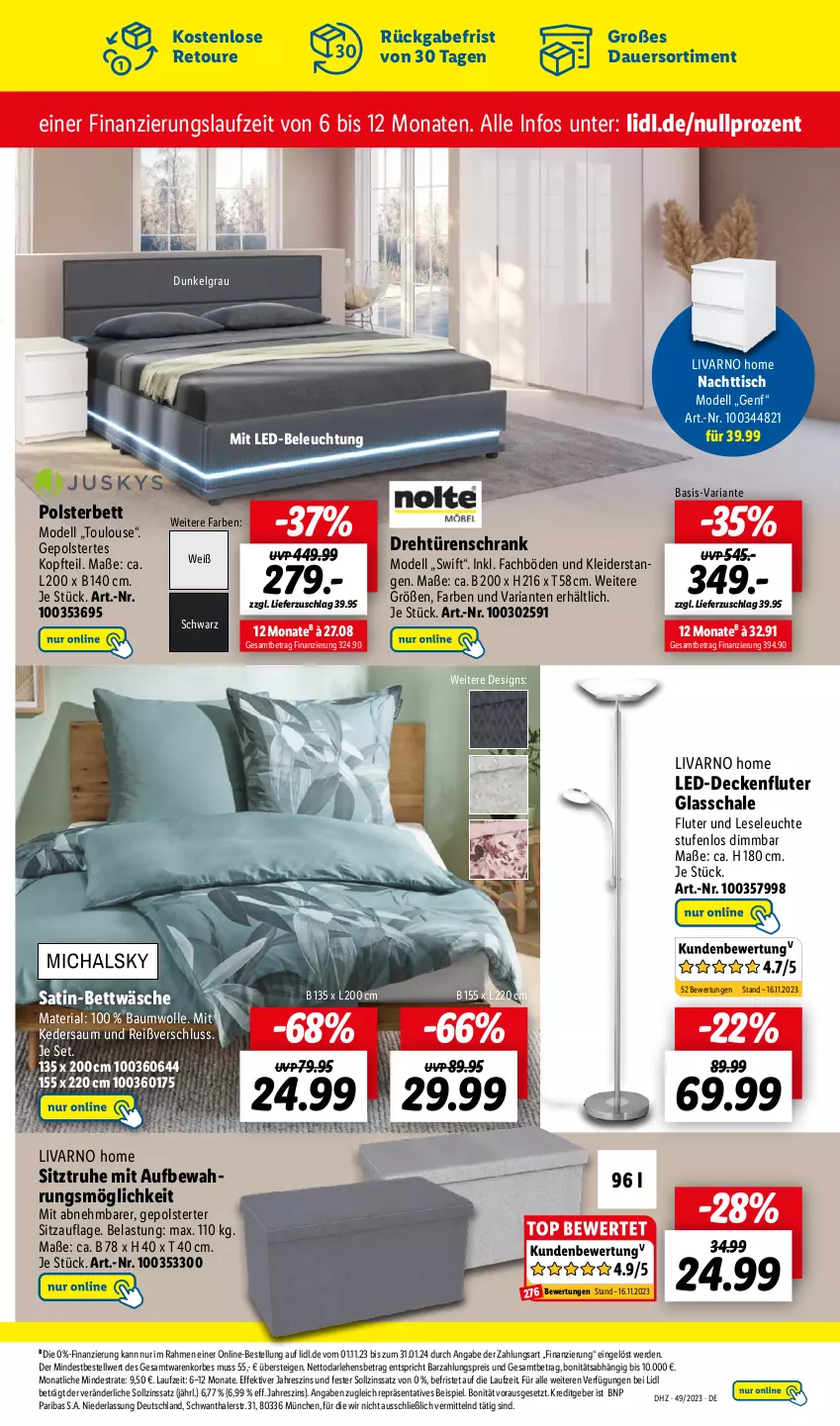 Aktueller Prospekt Lidl - Wochen-Highlights im Onlineshop - von 04.12 bis 10.12.2023 - strona 5 - produkty: auer, Bau, baumwolle, beleuchtung, bett, bettwäsche, decke, deckenfluter, dell, drehtürenschrank, eis, erde, kleid, kleider, korb, led-beleuchtung, Leuchte, LG, mit led-beleuchtung, Mode, polsterbett, reis, Ria, satin-bettwäsche, Schal, Schale, Schrank, Sitzauflage, Sitztruhe, Ti, tisch, türenschrank, wolle