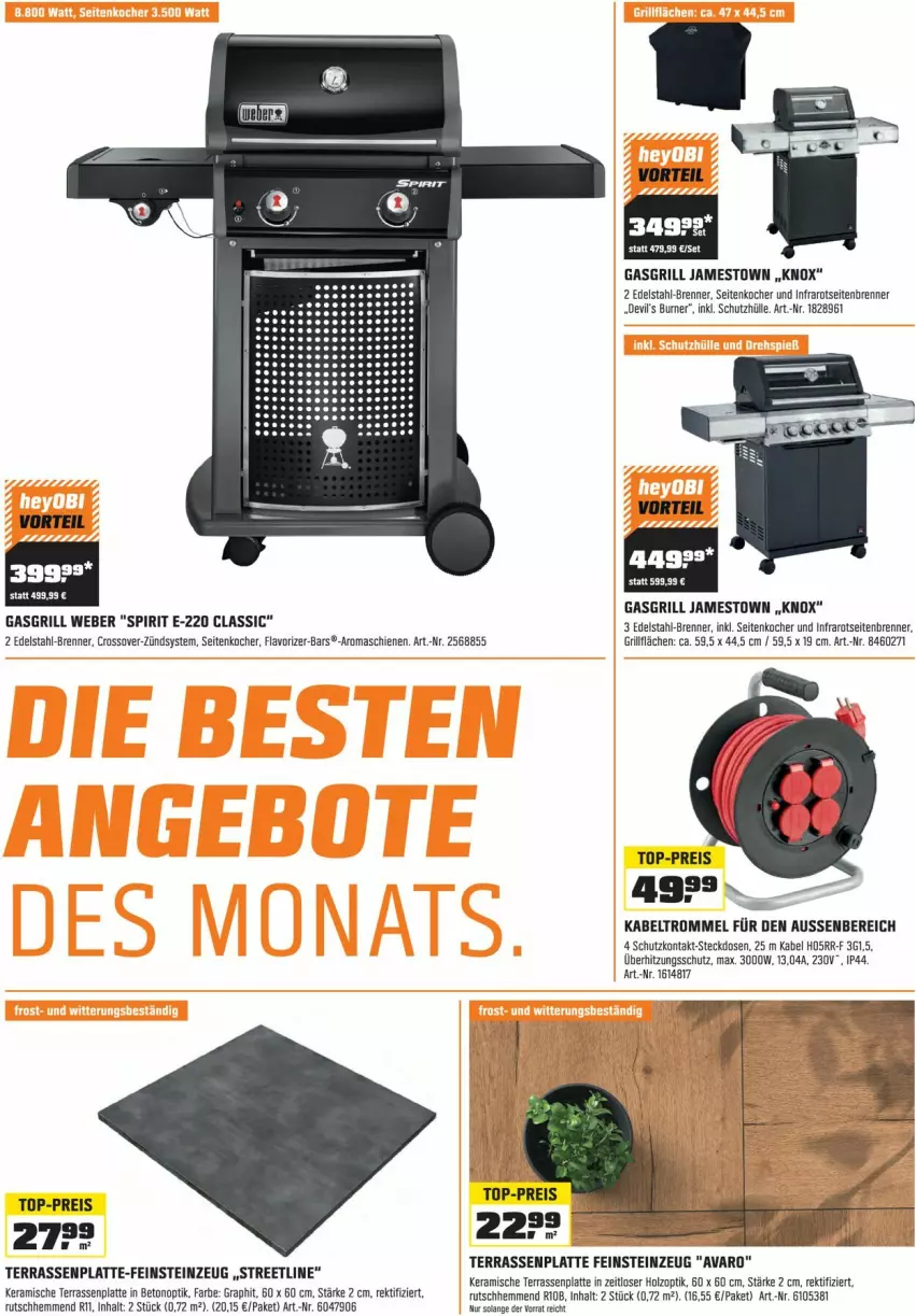 Aktueller Prospekt Obi - Prospekte - von 30.06 bis 31.07.2023 - strona 2 - produkty: edelstahl, eis, feinsteinzeug, gasgrill, grill, Holz, Kabeltrommel, Kocher, latte, reis, schutzhülle, steckdose, terrassenplatte, Ti, top-preis, trommel, überhitzungsschutz, weber