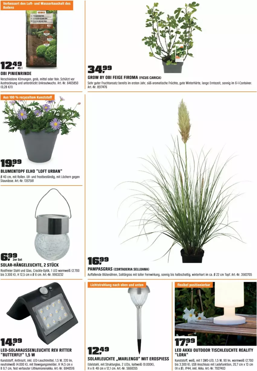 Aktueller Prospekt Obi - Prospekte - von 30.06 bis 31.07.2023 - strona 7 - produkty: akku, aust, Bau, blume, blumen, Blüte, butter, Container, edelstahl, eier, elle, Ficus, frucht, früchte, Hängeleuchte, Kraut, leds, Leuchte, leuchtmittel, Ria, rind, ritter, solarleuchte, Ti, tisch, tischleuchte, topf, usb, wasser