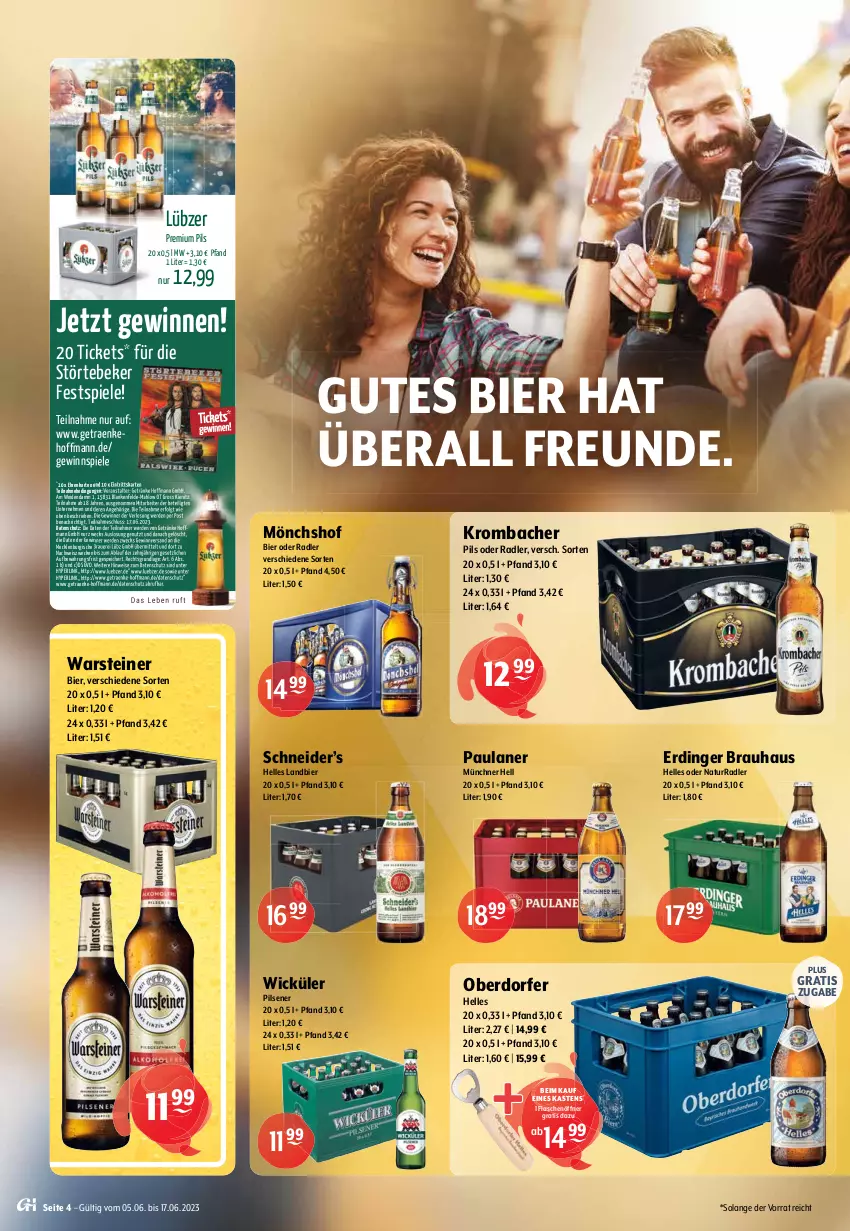 Aktueller Prospekt Getraenke Hoffmann - Prospekte - von 05.06 bis 17.06.2023 - strona 4 - produkty: alkohol, altenburger, Altenmünster, auer, bier, bitburger, burger, eis, elle, erde, erdinger, flasche, flaschenöffner, getränk, getränke, gewinnspiel, krombache, krombacher, LG, Lübzer, mars, Mixer, mixery, mönchshof, natur, oder radler, Paula, paulaner, pils, pilsener, premium pils, radler, Spiele, steiner, störtebeker, Ti, veltins, veltins pilsener, warsteiner, weck, WICK