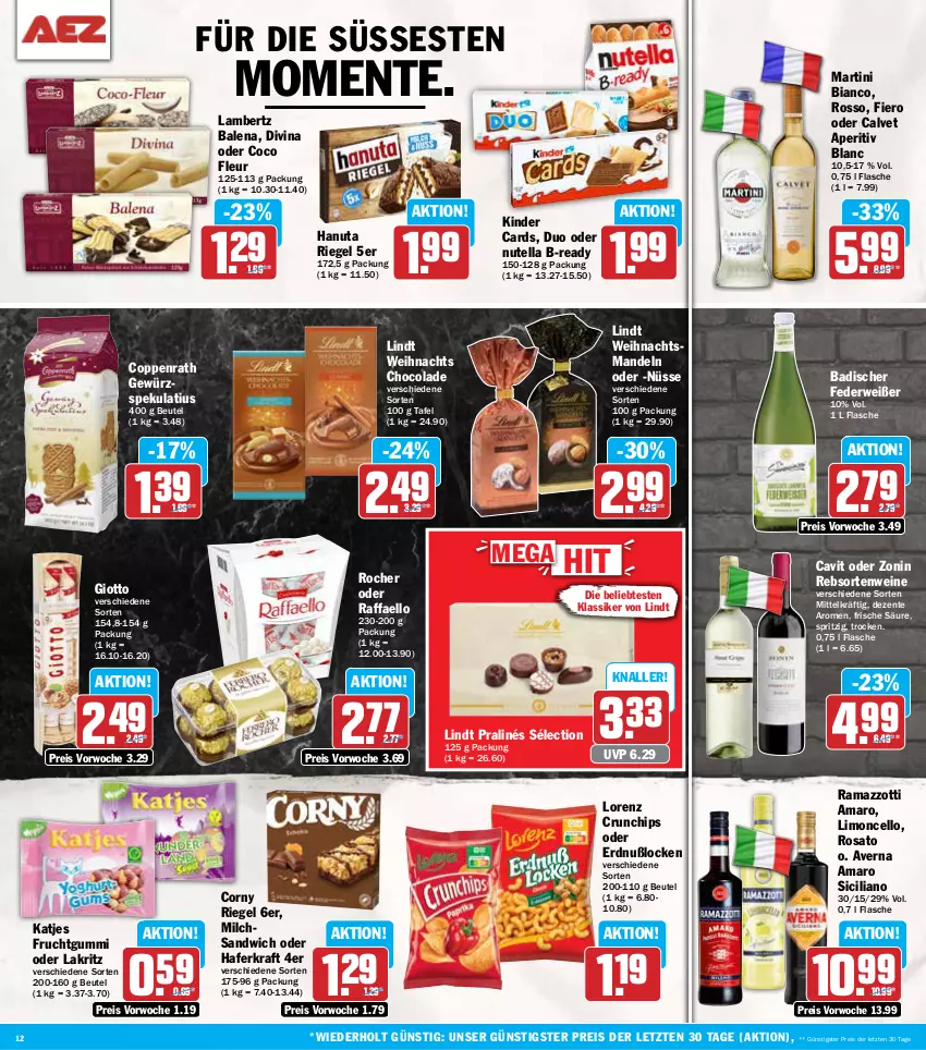 Aktueller Prospekt Aez - Prospekte - von 07.10 bis 12.10.2024 - strona 12 - produkty: amaro, Amber, averna, Bad, beutel, chips, cola, coppenrath, corny, crunchips, eis, ente, flasche, frucht, fruchtgummi, gewürz, giotto, hafer, hanuta, katjes, Kinder, kraft, Lakritz, lambertz, limo, lindt, lorenz, lorenz crunchips, mandel, mandeln, martini, milch, nutella, oder lakritz, raffaello, rama, ramazzott, ramazzotti, rebsortenweine, reis, riegel, rosato, rwe, sandwich, Ti, wein, weine, zonin, zott, ZTE